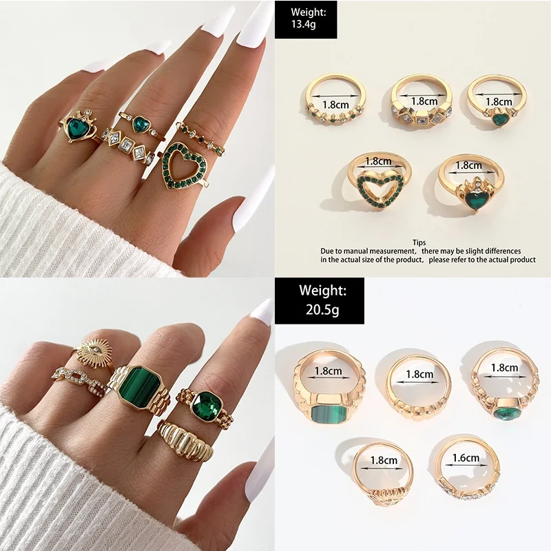 1 Set Mode Groene Kristallen Slang Geometrische Ringen Set Punk Vintage Gouden Ringen Voor Vrouwen Sieraden Accessoires