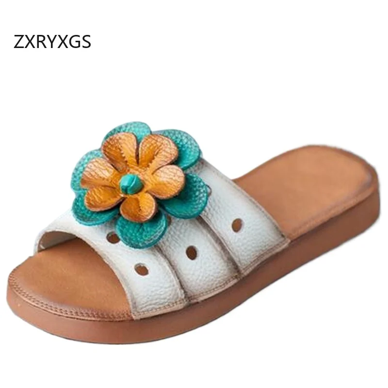 

ZXRYXGS Summer New Cowhide Perforated Flowers Shoes Woman Slippers Flat Sandals 2024 Open Toe Spell Colors Real Leathe Slippers