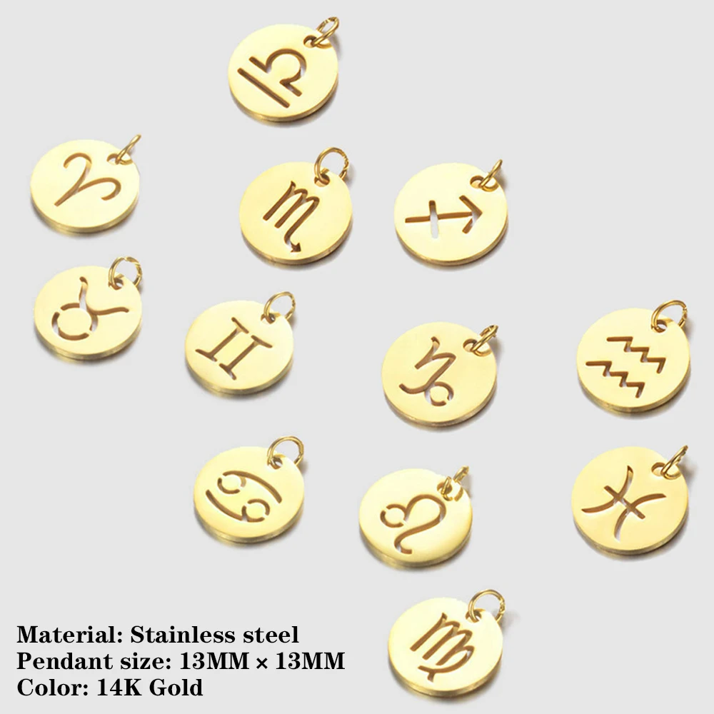 12 constelaciones de acero inoxidable chapado en oro, colgantes de disco personalizados, dijes, joyería DIY de alto pulido para collar y pulsera