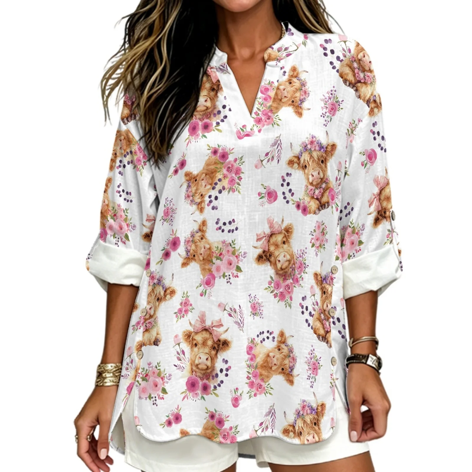 PENSTROLL Cow Floral Linen Style Tunic Blouses V Neck Blouses for Womens Roll Up Design Women's Long Sleeve V-Neck Blouse
