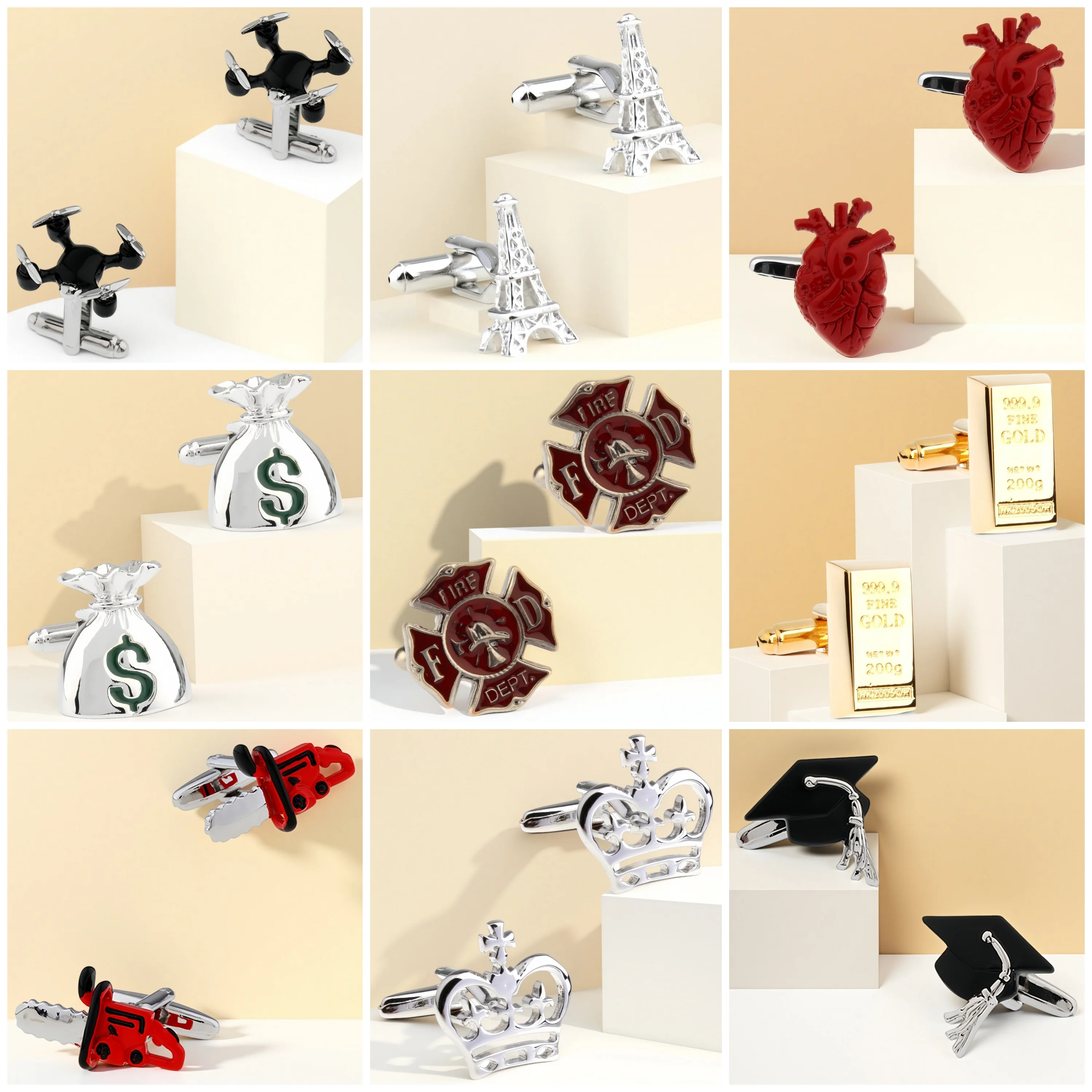 Annlyy Fashion Tower Crown Mask Feather Fire Dept College Cap Heart Saw UAV Gold Bar Mens Cufflinks Cuff Links