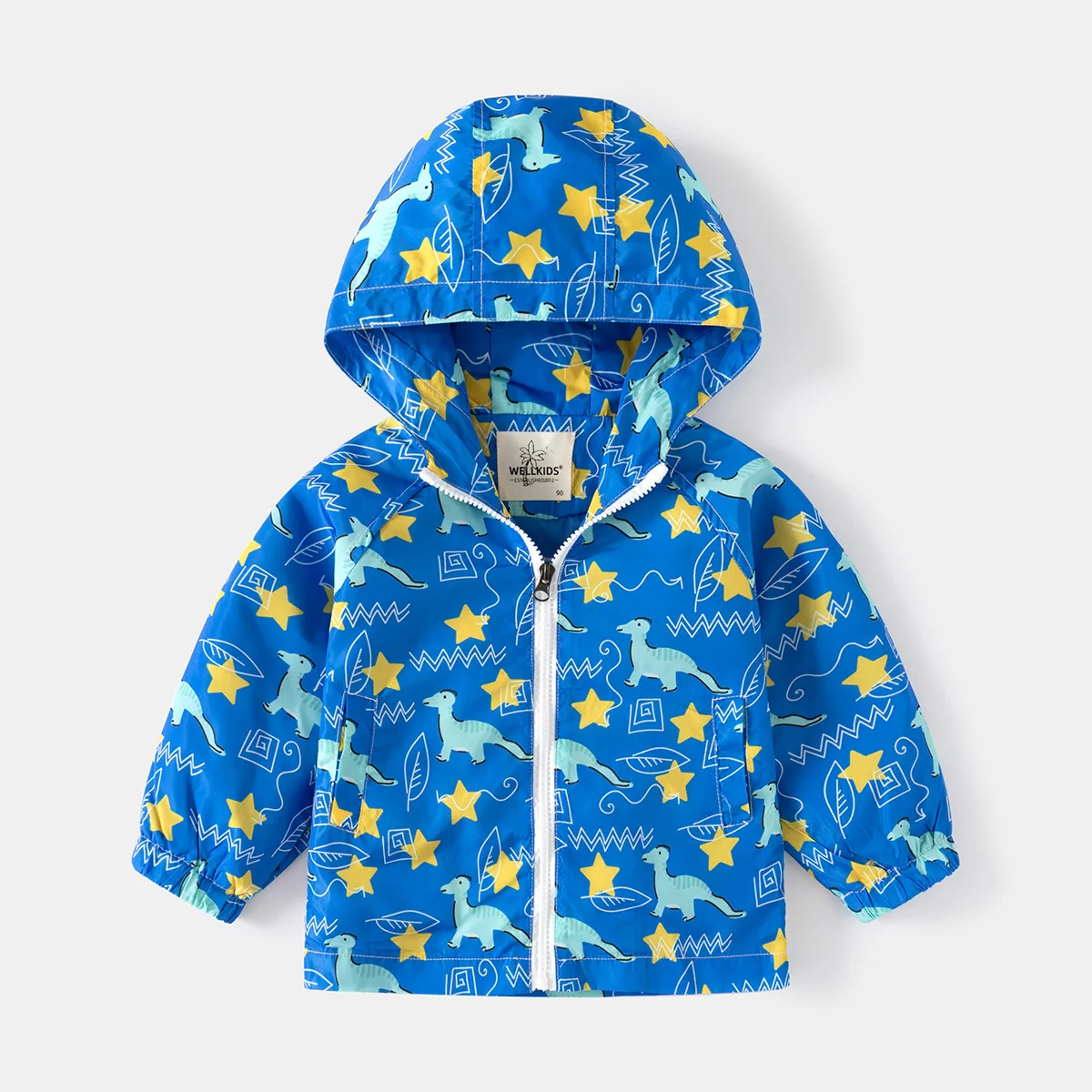 Boys' Casual Contrast Color Cartoon Print Zip-Up Jacket Spring/Autumn New Long-Sleeve Hooded Windbreaker for Kids 2-7 Years Old