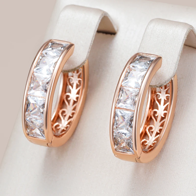 Kinel Trendy 585 Rose Gold Color Hoop Earrings For Women Luxury Square Natural Zircon Accessories Vintage Bride Wedding Jewelry