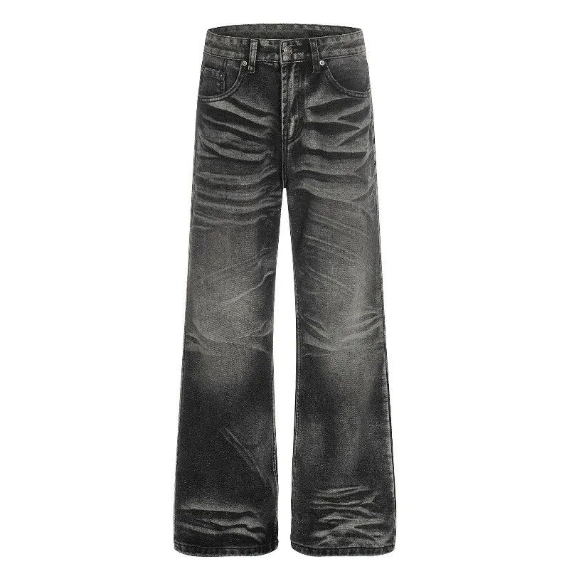 

KIDWHXR Men Bootcut Pant New American Retro Contarst Color Male Denim Pant High Street Mid Waist Washed Casual Men Trousers