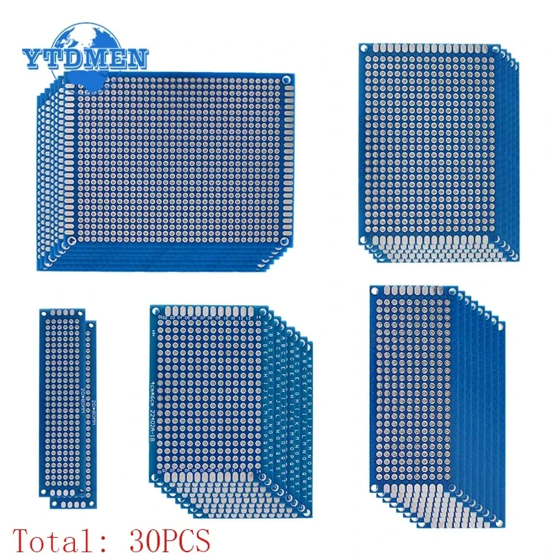 

Набор из 30 двусторонних синих прототипных плат PCB - 5 размеров (2x8/3x7/4x6/5x7/7x9 см) - Универсальная макетная плата для наборов электроники DIY