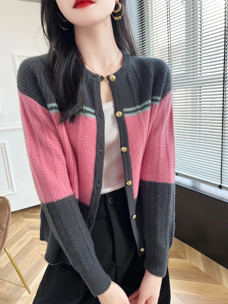 Color blocking round neck 100% wool autumn and winter new style elegant knitted cardigan small fragrant style versatile top