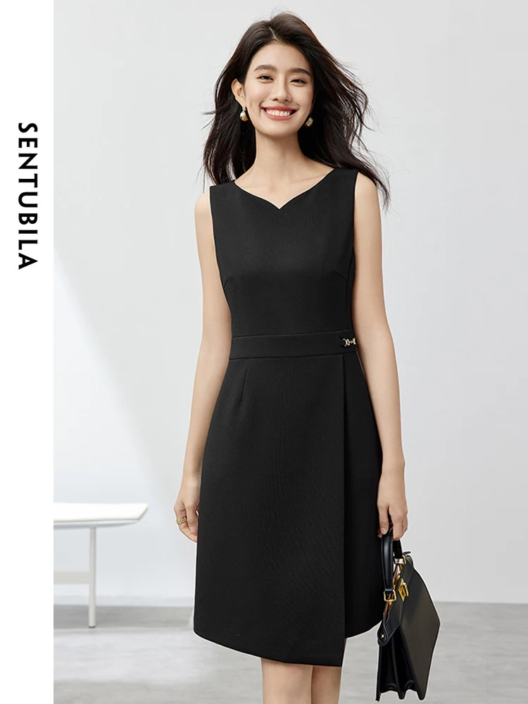 

SENTUBILA Black Slim A-line Sleeveless Dress 2024 Summer New Solid V-neck Elegant Commuter Knee-Length Tank Dresses 142L54294
