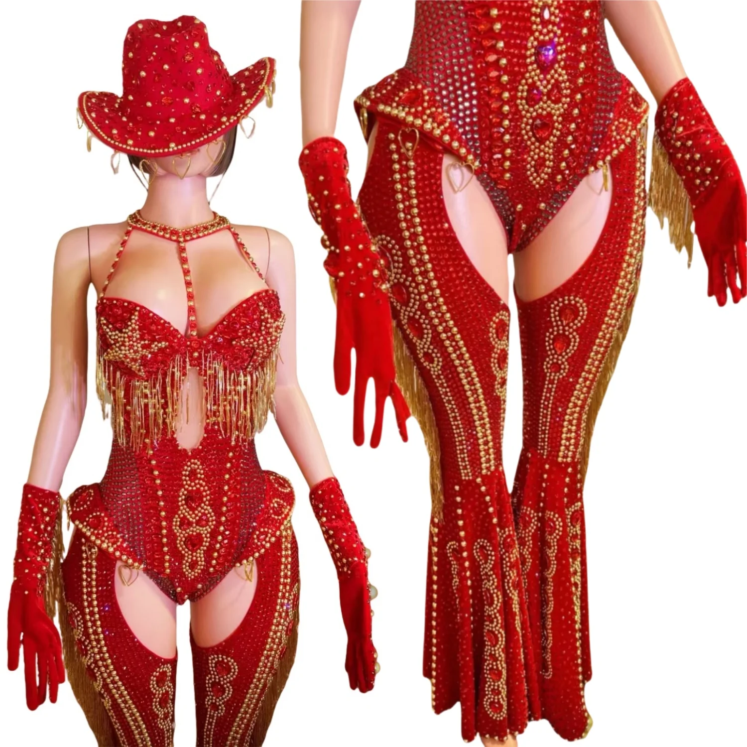 Sparkly Rhinestone Bodysuit 4Pieces Set Nightclub Outfit Party Stage Show Jumpsuit  Cabaret Carnival Showgirl Sexy Wear Hongding