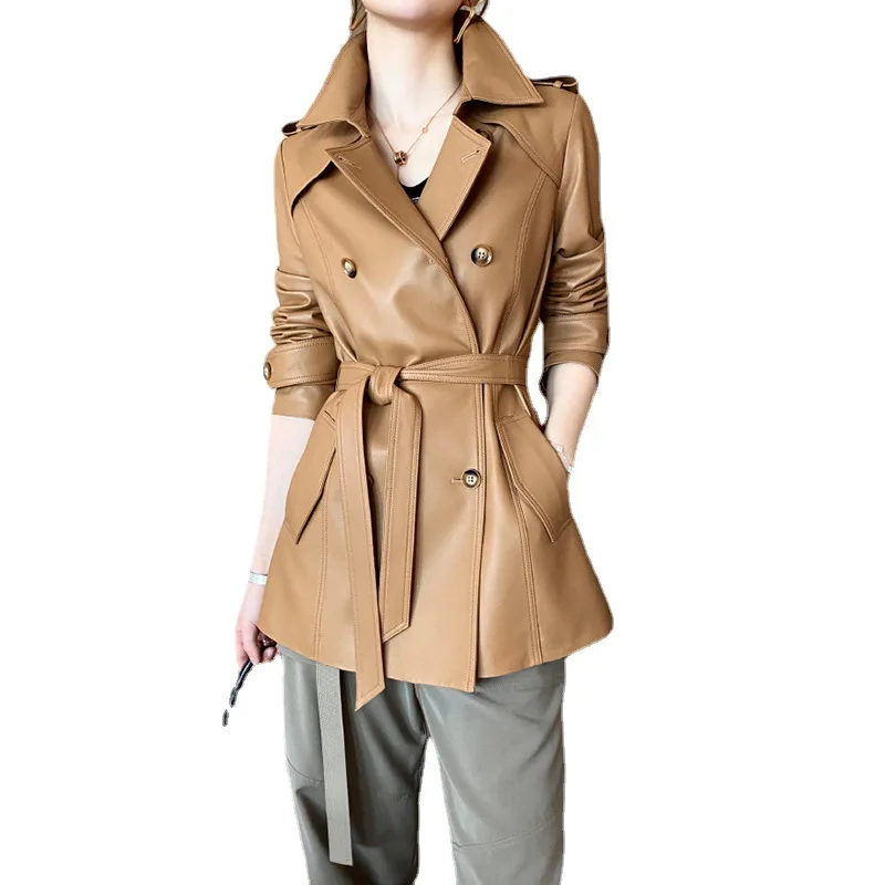 Giacca da donna in vera pelle, capispalla alla moda, vita media, cintura, trench in pelle di pecora, primavera e autunno