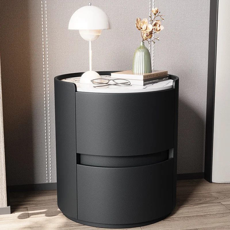 Creative Round Wooden Bedside Table Modern Style Living Room Side Storage Table PU Leather Bedroom Nightstands