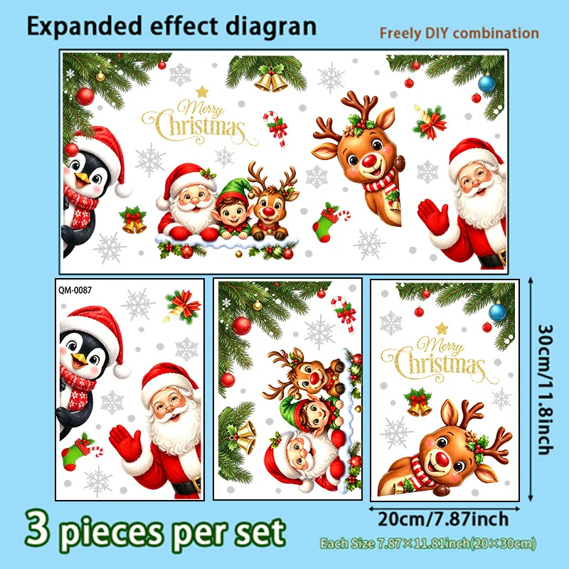 3pcs Christmas Santa Claus Themed Window Sticker,suitable for cabinet, glass door, window,wall decor,freely DIY combinable