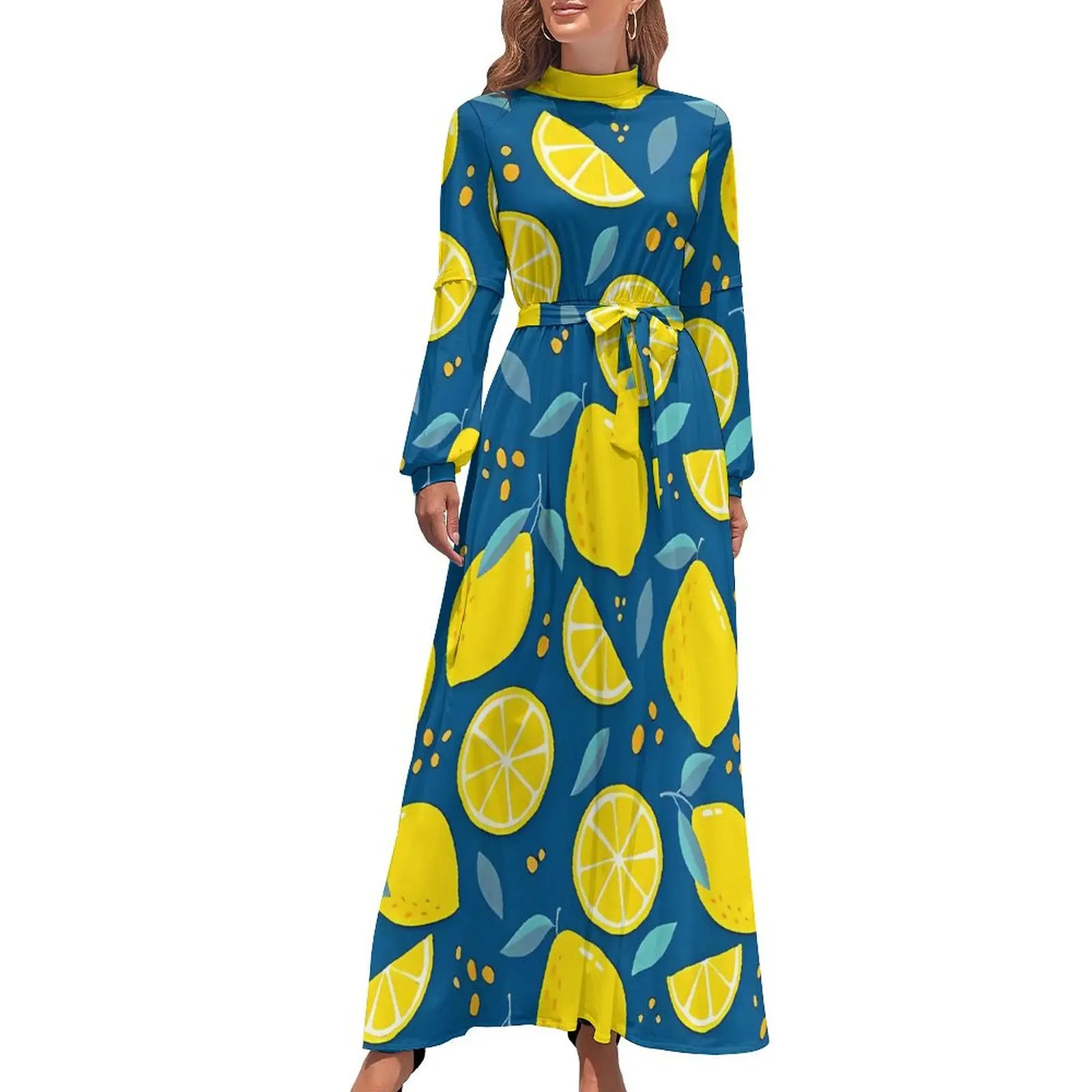 Modern Lemon Dress Xyellow Fruit Print Street Style Beach Dresses Women Long Sleeve High Waist Sexy Long Maxi Dress