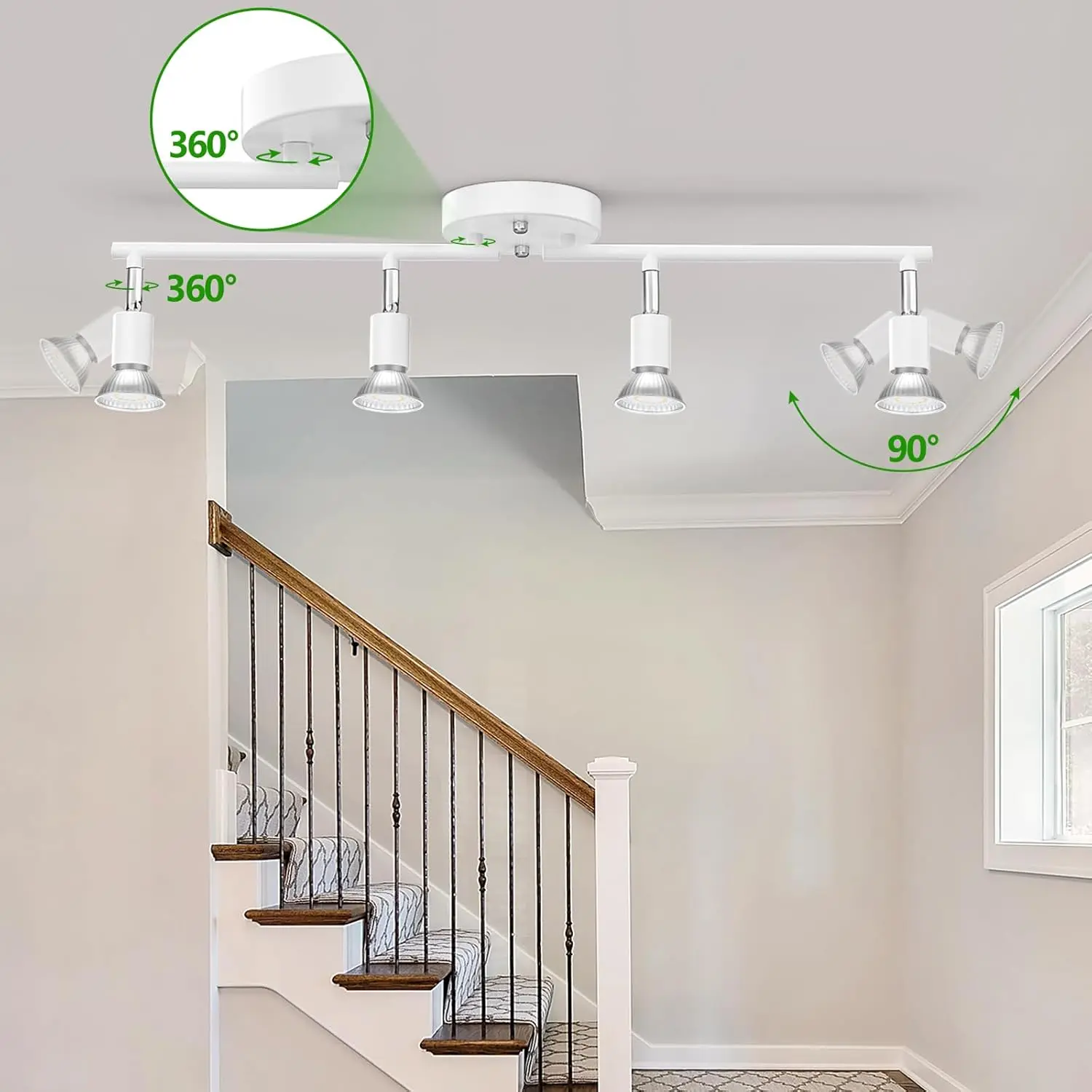 طقم إضاءة المسار، إضاءة سقف بيضاء حديثة مع رؤوس إضاءة قابلة للدوران بمرونة للغرفة/الممر/المطبخ