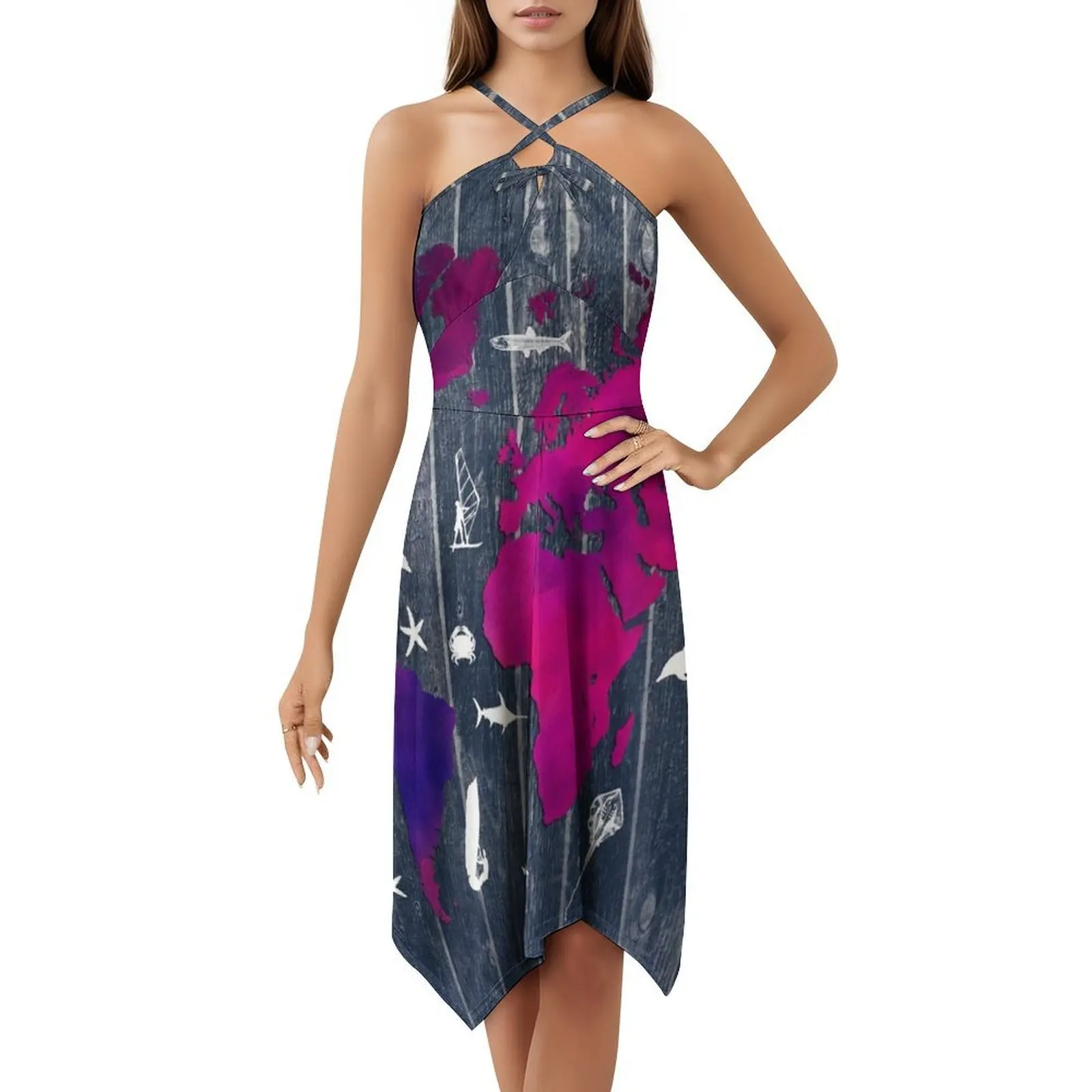 خريطة العالم 99 سمكة وركوب الأمواج # خريطة العالم # فستان على الطراز الكوري للنساء فستان كاجوال أنيق للحفلات أو خريطة الارتداء اليومي