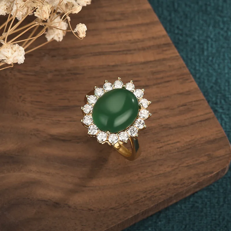 China Style Copper Gold-Plated Inlaid Green Natural Jade Ring Covered White Zircon Crystal Rings for Women Hand Finger Jewelry