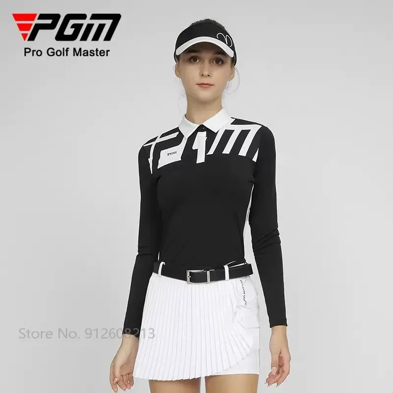 PGM Autumn Women Button Collar Golf Shirt Ladies Stretch Sports T-shirt Windproof Slim Long-sleeve Golf Tops Printed Sportswear