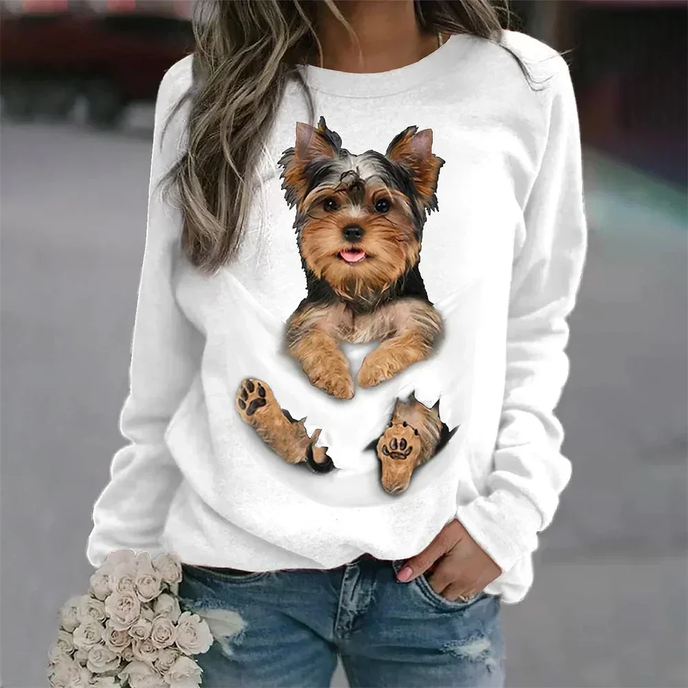 2023 New Women\'s 3D T-shirt O-neck Long Sleeve Cat Puppy Fashion Animal Cute Pet Print Large Casual Street Wear Oversize Ootd