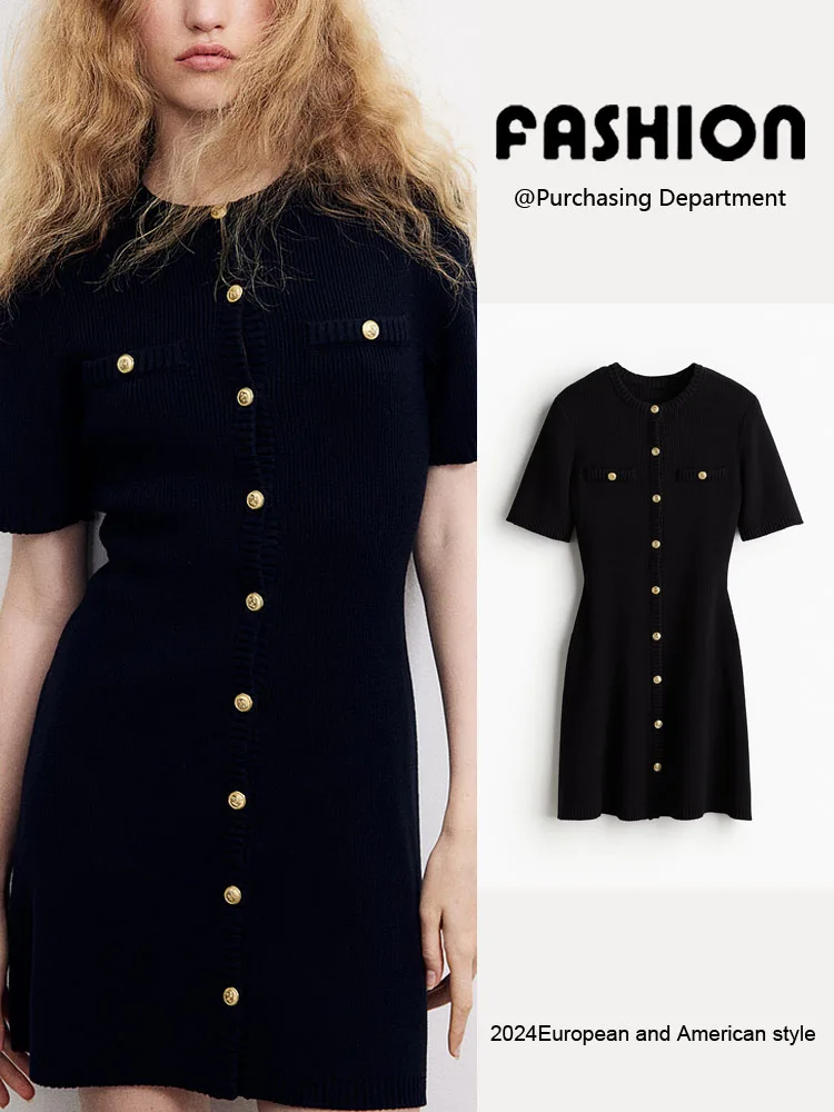 

Spring New Arrival Women's Slim Fit round Neck Front Buttoned Ribbed Knitted Dress Midi A-Line Skirt Single Button Closure