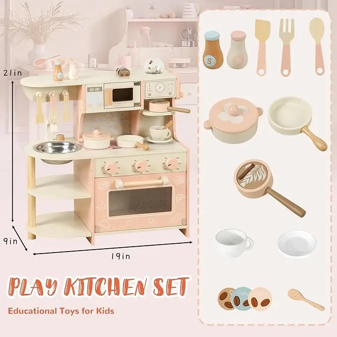 Wooden Kitchen Playset for Kids Ages 3-8, Pretend Play Kitchen for Toddlers with Realistic Design, Cooking Accessories, Coffee