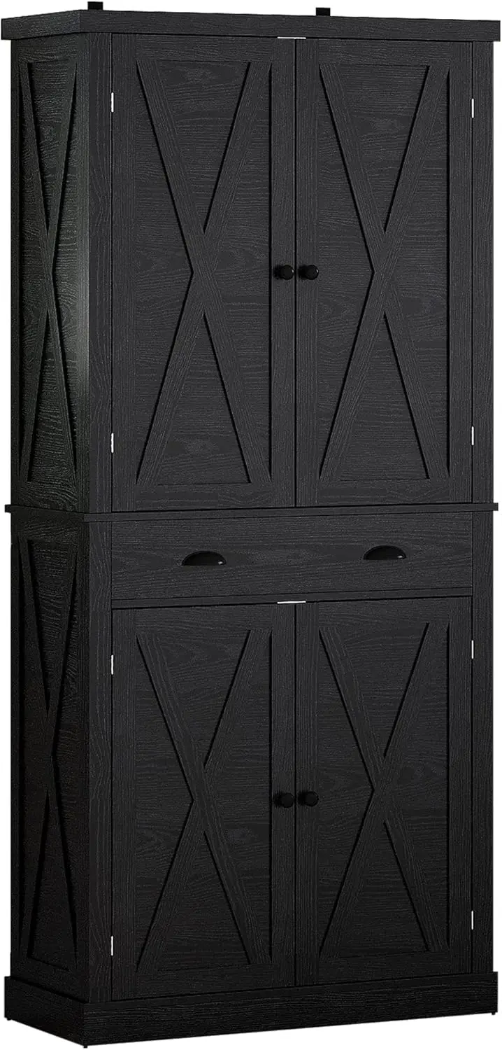 

Kitchen Pantry Storage Cabinet 72" Height, with Barn Doors, Drawer, 4 Adjustable Shelves, Freestanding Cupboard for Dining