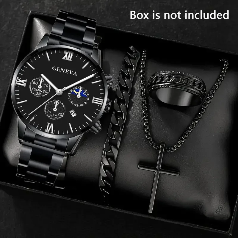 

3PCS luxury alloy full diamond rhinestone mirror men's quartz watch with calendar and Hip Hop Cuban Necklace bracelet set