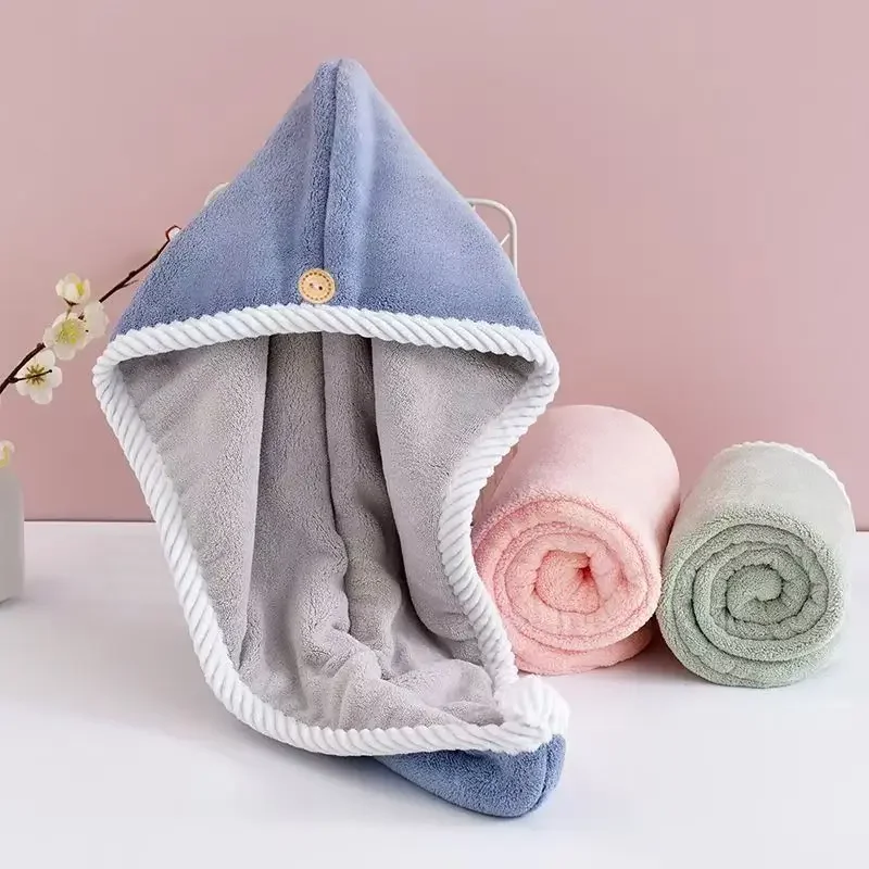 Double-Layer Thick Absorbent Dry Hair Cap Coral Velvet Two-Tone Quick-Dry Towel Shower Cap Super Soft Girl Turban with Buttons