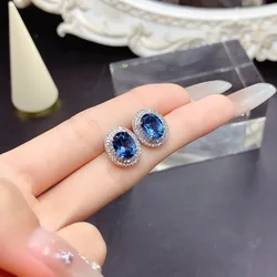 Oval 6x8mm Natural London Blue Topaz Stud Earrings for Women 925 Sterling Silver Jewelry Gift Simple Jewelry