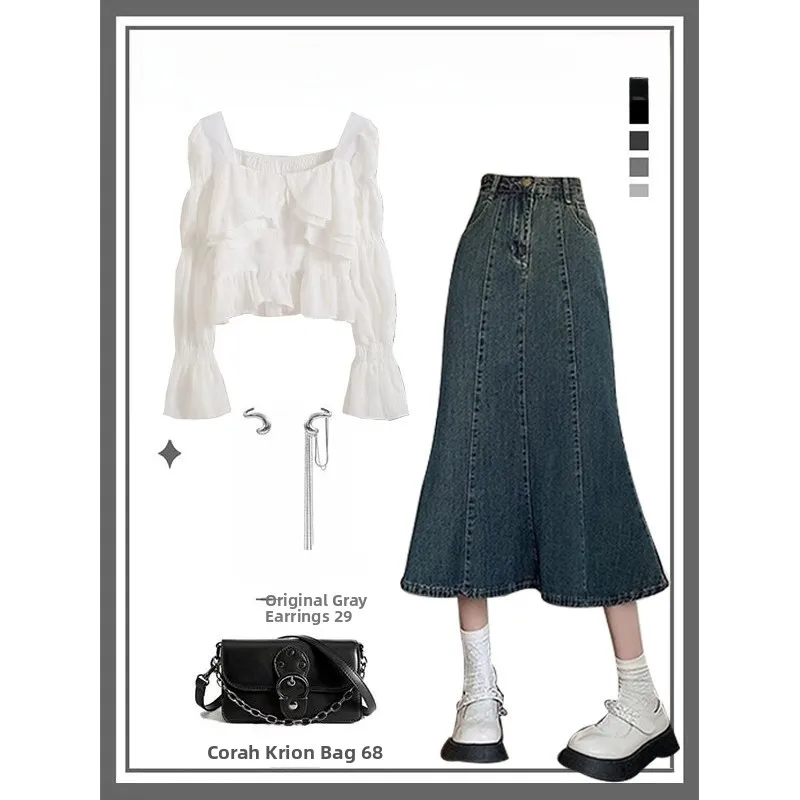 Witte lange Sve-denimrok met één schouder, dames lente 2025, casual, veelzijdig ontwerp, Fi Tail f-lengte rok