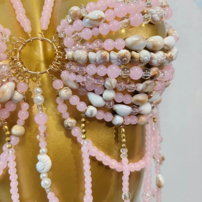 Handgefertigtes Damen-Muschelperlen-Neckholder-Top mit Quastenfransen, Körperkette für Strand, Festival, Boho-Stil, Neckholder-Kristall-Bikini-Oberteil – Detail 8