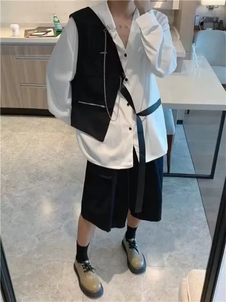 gentleman vest belt zipper chain tops shirts male trendy Y2K senior ins chic blouse men man black white high street party shirts