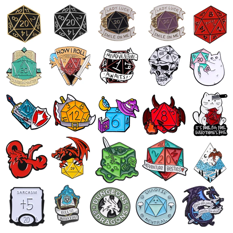 20 Face Dice Metal Enamel Brooch Fashion Personality D20 DnD Dice Game Badge Pin Cartoon Trendy Costume Backpack Jewelry Gift