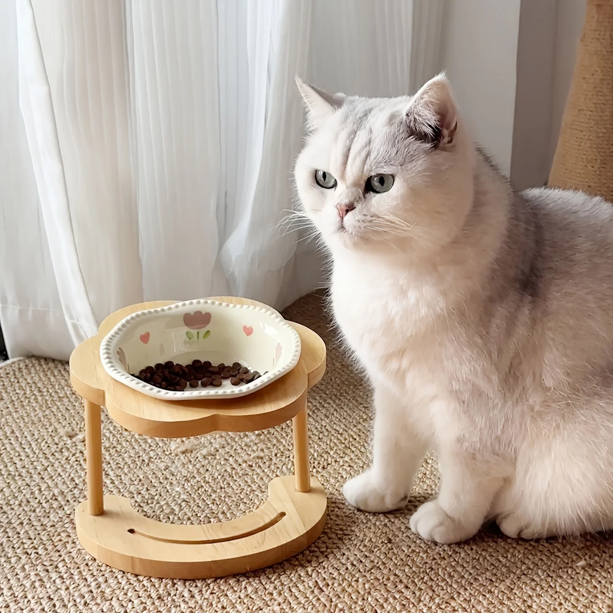 

Пастельная керамическая миска для домашних животных с деревянной подставкой, приподнятая тарелка для корма для кошек и собак с цветочным узором, противоскользящая наклонная конструкция для легкого использования