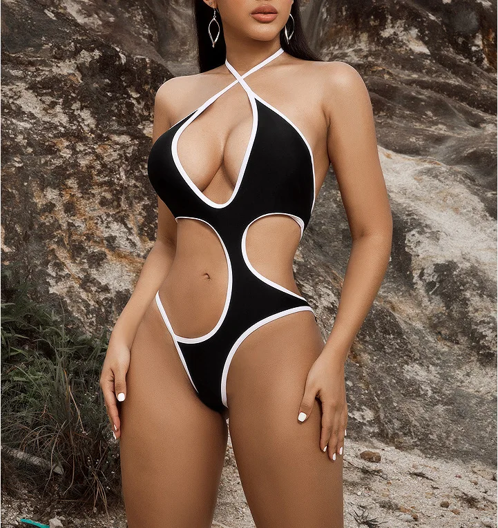 

Sexy Patchwork Swimwear Cut Out One Piece Swimsuit Women Monokini Backless Halter Mini Bathing Suit Beachwear