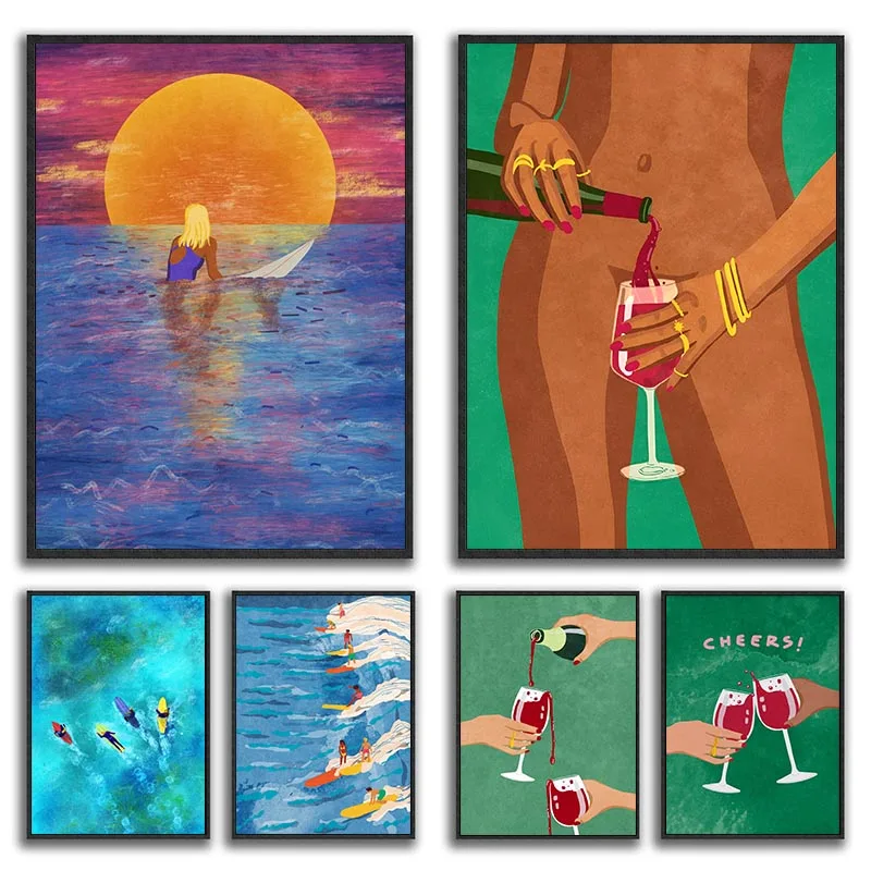 Surfing Colorful Poster Print Trendy Kitchen Print Wine Poster Boho Decor Cheers To Us Red Wine Toast Canvas Painting Unframe