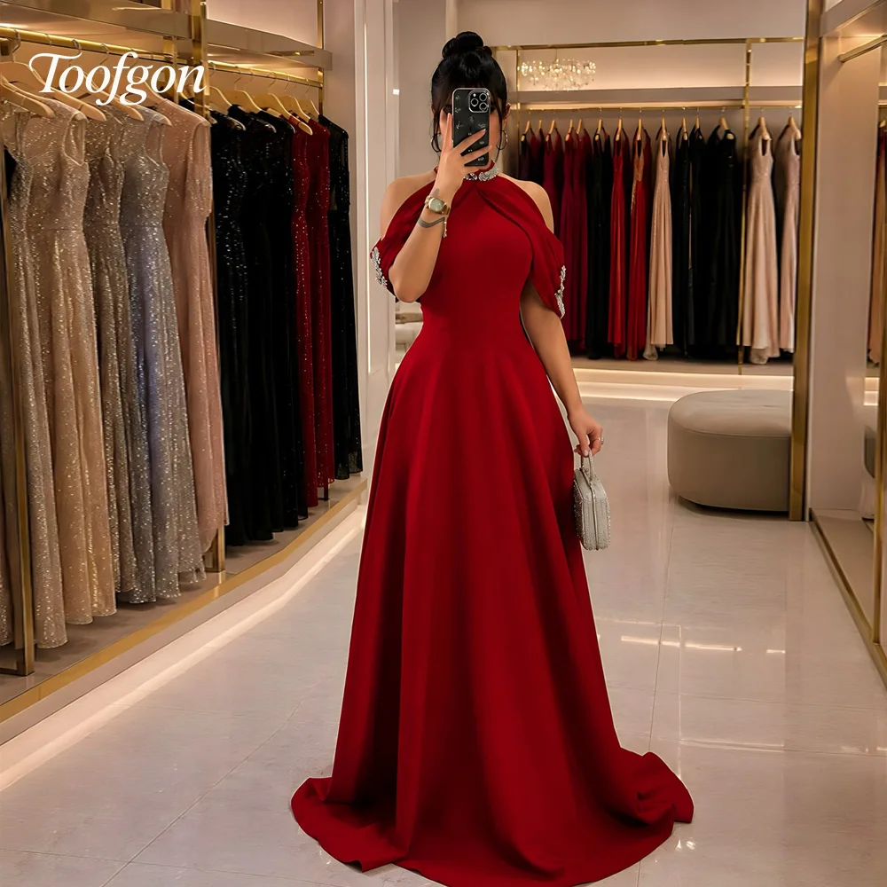 Toofgon Mermaid Crepe Customized Women Evening Dresses High Neck Beads Special Occasion Prom Dress Formal Party Bridesmaid Dress