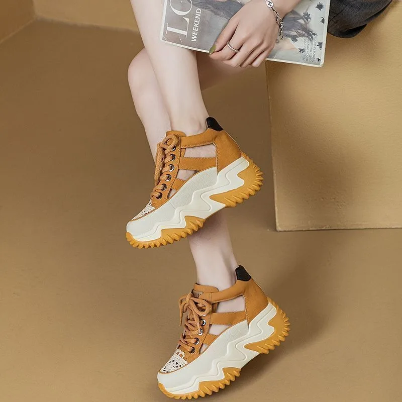 Women's Chunky Platform Dad Sneakers Color Block Hollow Out Breathable Height Increasing Casual Sport Shoes Summer 2026