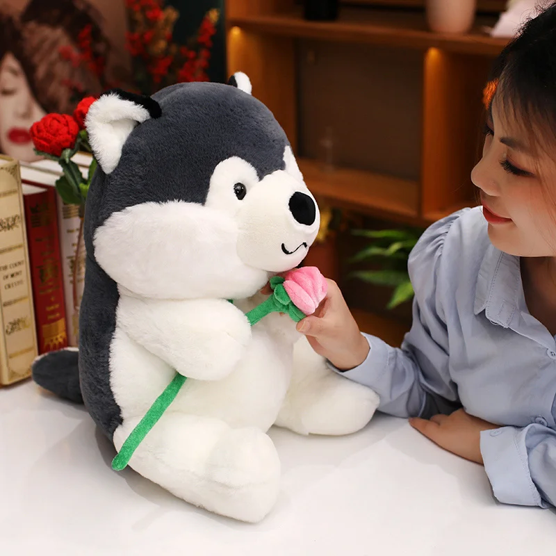

40cm Cute Husky Dog Plush Toy Stuffed Lifelike Animal With Rose Doll Kids Hug Pillow Birthday Gift for Boy