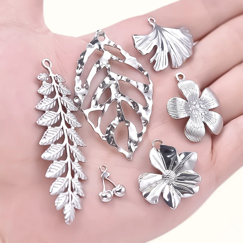 5pcs/Lot Silver Color Plant Series Cute Cherry Pepper Stainless Steel Pendants For Jewelry Making Flower Charms Big Leaf Pendant