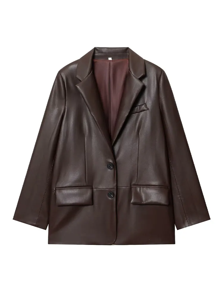 HH nouvelle femme hiver mode jolie pochette femme manches longues revers simple boutonnage poche décoration Faux cuir effet veste