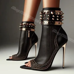 Black Rivet Decor Stiletto Sandal Boots Peep Toe Side Zipper British Style New Fashion Summer Women Shoes Zapatos Para Mujere