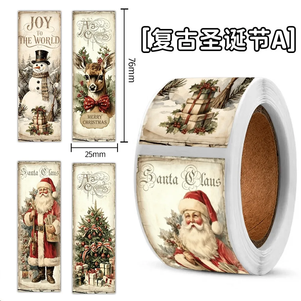 120PCS/Roll Retro Christmas Roll Sticker DIY Decorative Gift Box Mobile Phone Case Notebook Skateboard Water Cup Waterproof Gift