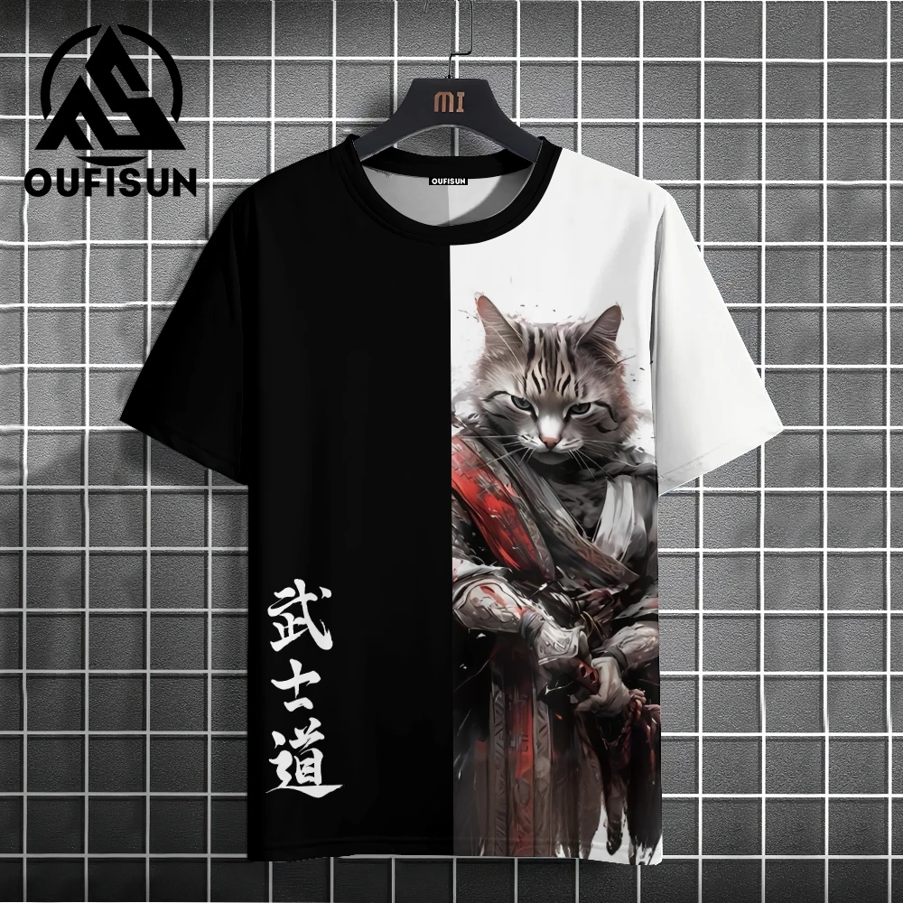 Camiseta con estampado de gato de dibujos animados para hombre, Jersey informal con estampado de Samurai japonés, camisetas sueltas de manga corta,