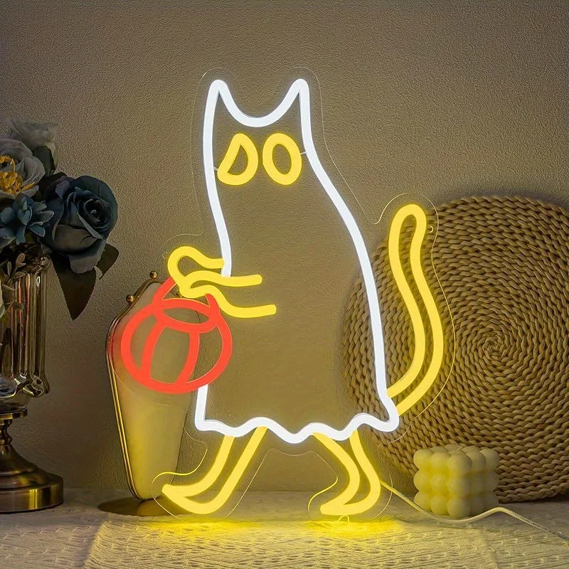Cat Ghost Pumpkin Neon Sign Halloween Cute Animal LED Wall Art Acrylic USB Powered Dimmable Light Decor Gift