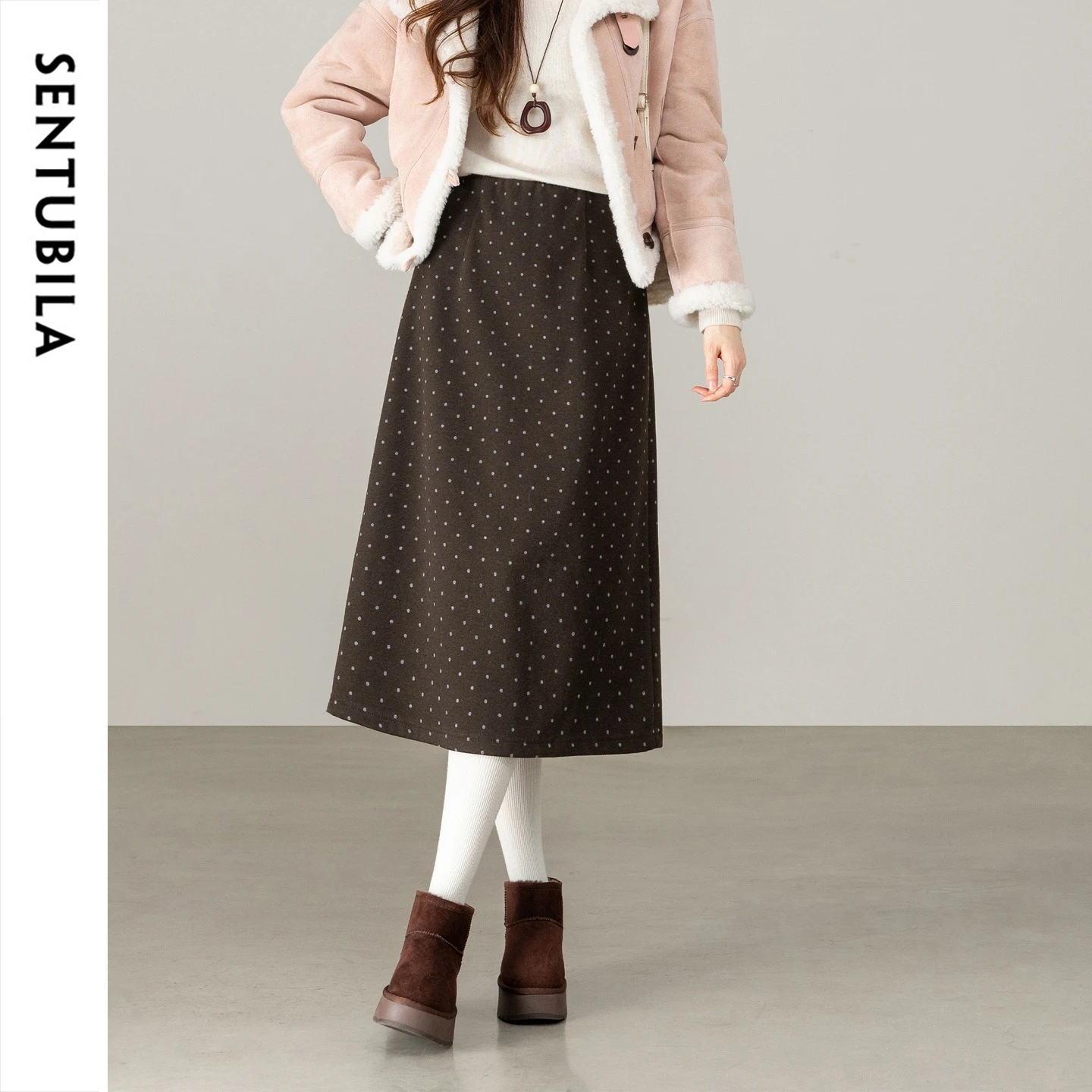 SENTUBILA Women's 2026 Midi Skirt Winter French Retro Polka Dot Straight Skirt Commute Slim Fit Warm Female Clothing 164QP8634