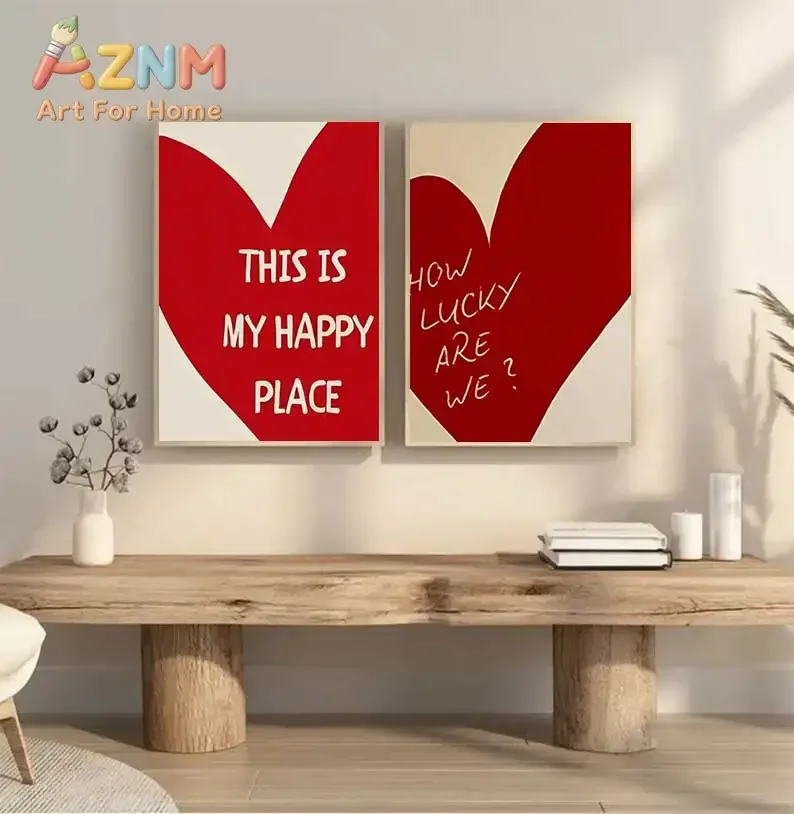 Lovely Trendy Red Heart Canvas Art Paintings Aesthetic This Is My Happy Place Wall Posters Prints for Living Room Home Decor