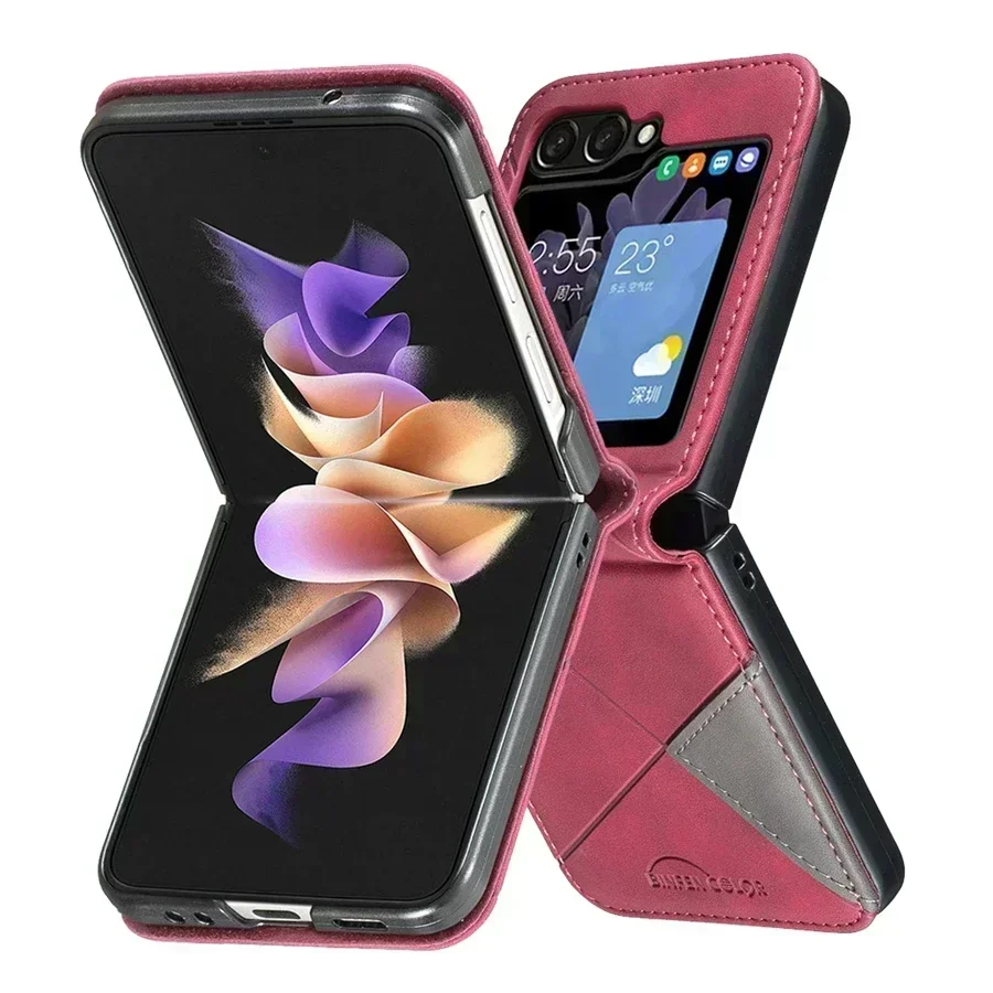 サムスンギャラクシーZフリップ5用の高級プリズムレザーウォレット,ビジネス落下防止ケース