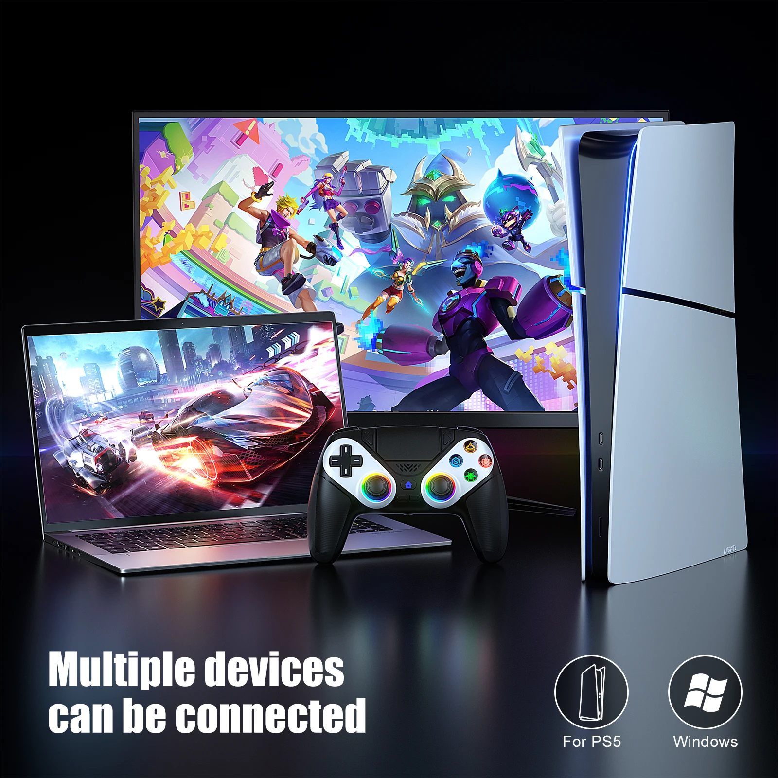 وحدة تحكم لـ PS5/Playstion 5 Pro/Slim/PC وحدة تحكم لوحة ألعاب لاسلكية عصا تحكم ألعاب RGB أضواء توربو لوحة اللمس قاعة الزناد الروك
