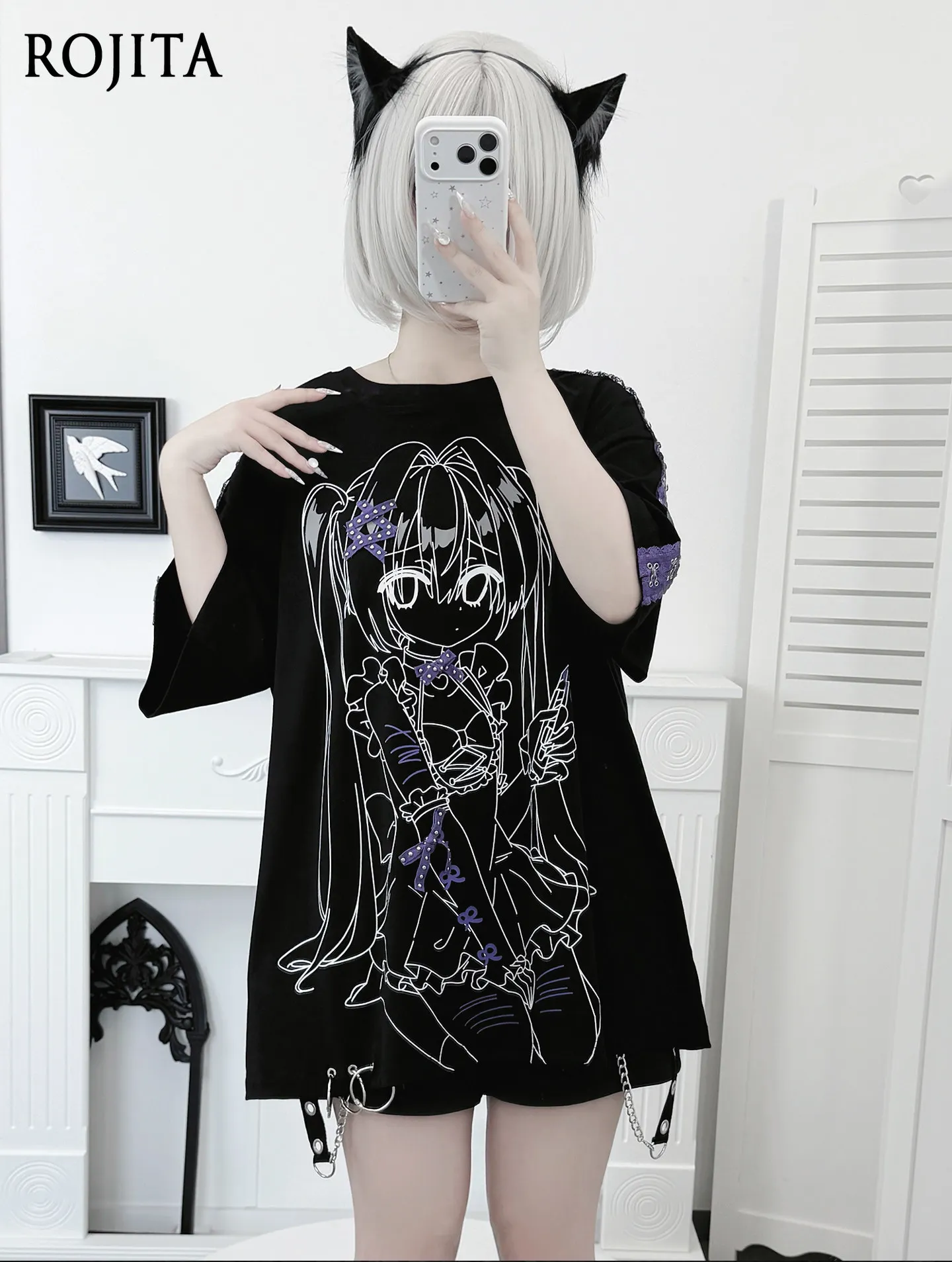 Subculture Y2k Two Dimensional Print Polka Dot Bow Color Matching T-shirt Dark Goth Loose Short Sleeved Tee Black Top Women