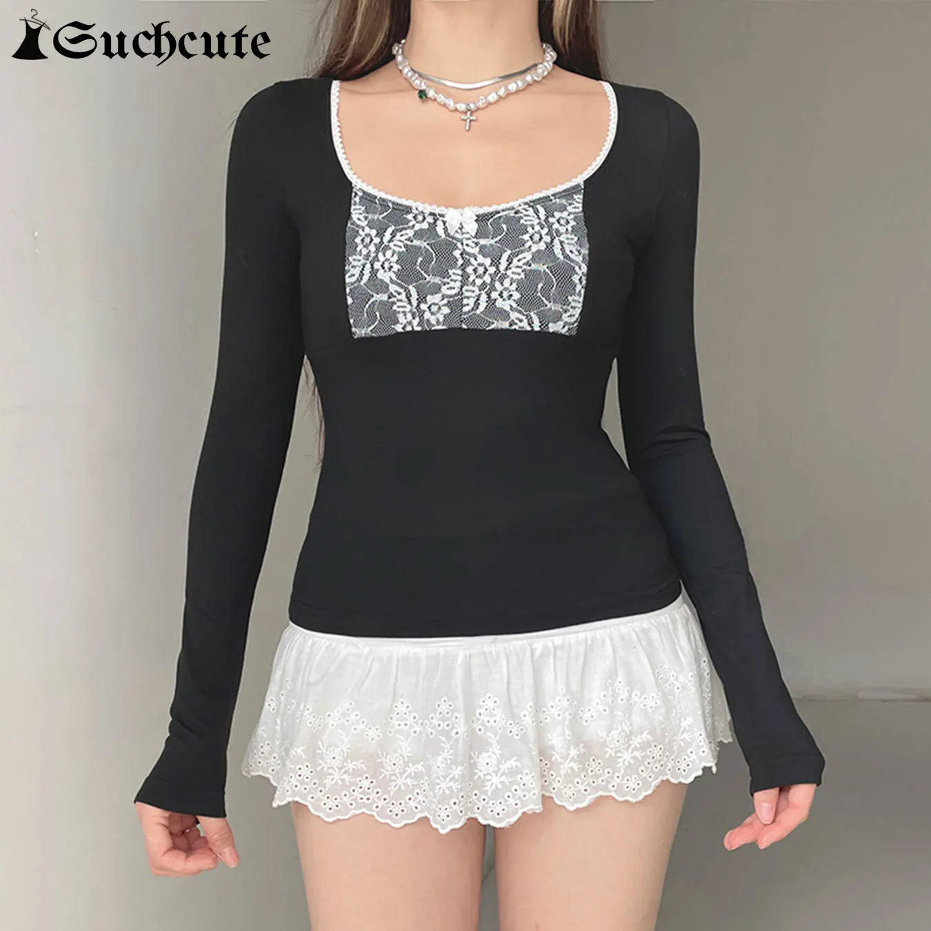 

SUCHCUTE Lace Patchwork Long Sleeve Tees Women Basic Bowknot Decoration T-Shirt Y2k Streetwear Pullovers Tops Autumn Spring 2025