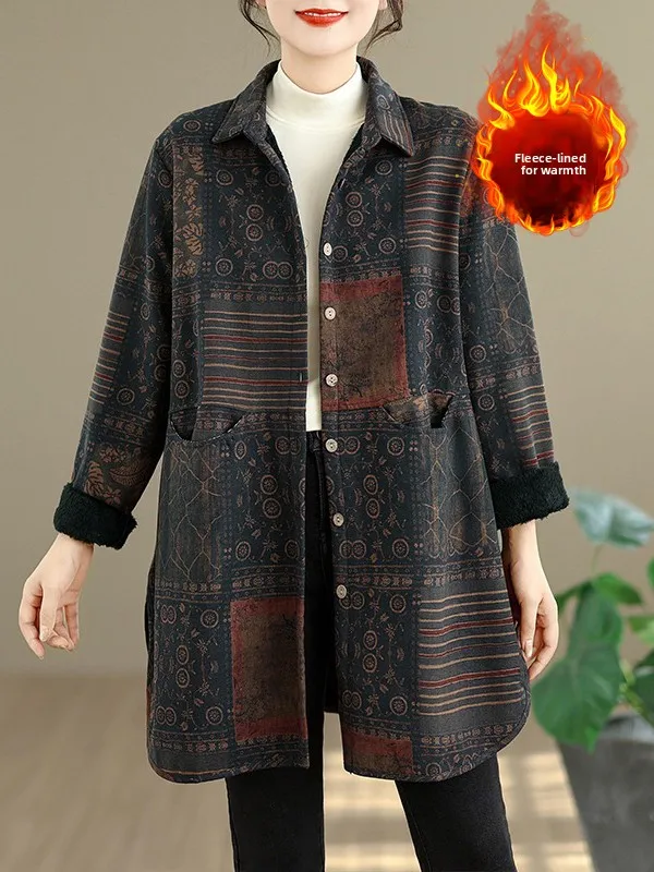 

Retro Print Fleece Lined Warm Medium Length Coat Long Sleeve Turn down Collar Single Button Cardigan for plus Size Women